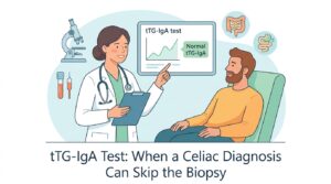 tTG-IgA test result and total IgA on a celiac disease blood panel used to diagnose gluten intolerance