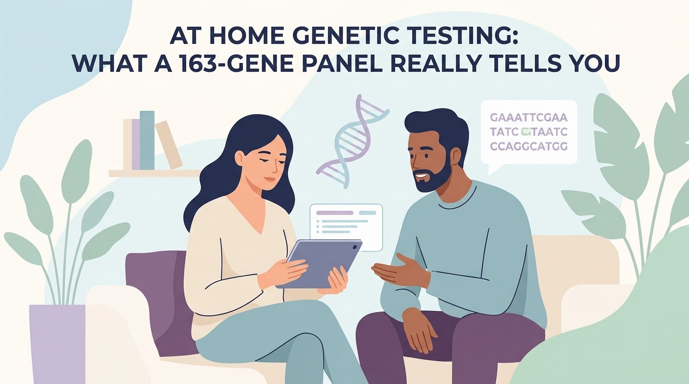 At home genetic testing blood tube next to a hereditary risk report and a lipid panel result