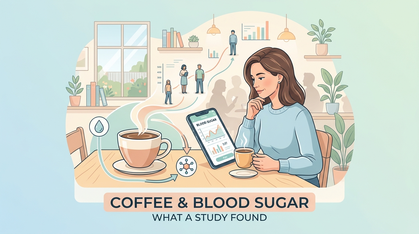 Taza de café solo junto a una analítica que relaciona el café con marcadores de azúcar en sangre como la glucosa y la insulina