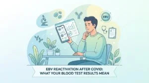 VCA 및 EBNA 항체 수치가 표시된 EBV 재활성화 혈청 검사 결과지를 검토하는 임상병리사
