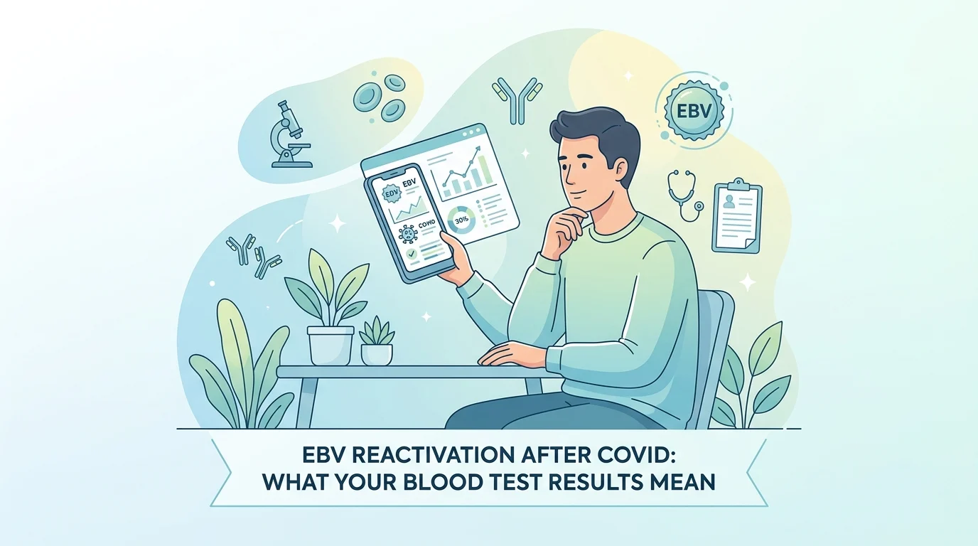 Laboratory technician reviewing an EBV reactivation serology report showing VCA and EBNA antibody levels