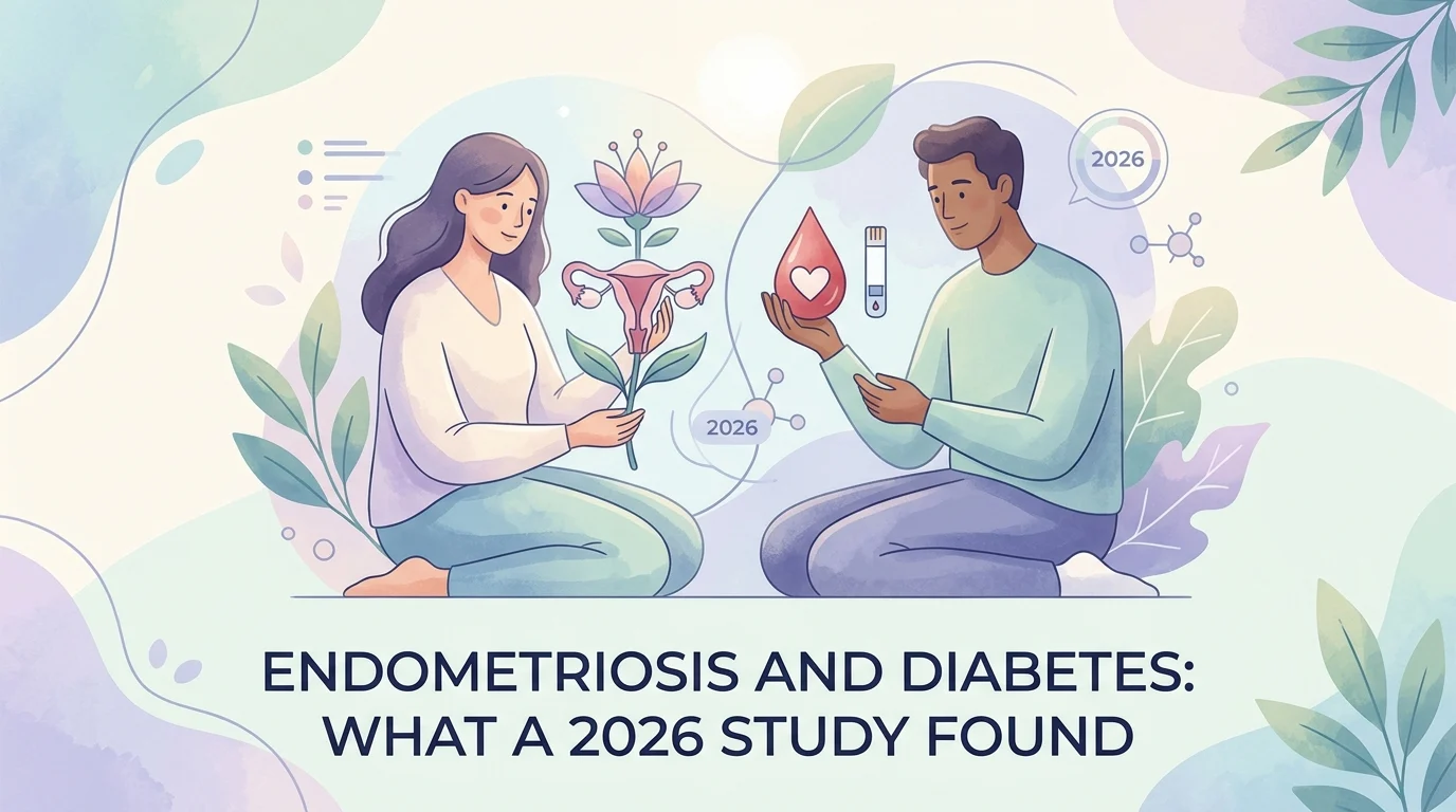 Mulher a rever os seus resultados de açúcar no sangue depois de ler sobre endometriose e risco de diabetes numa clínica