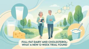Glas volle melk en kaas naast een uitgeprint lipidenpanelrapport met cholesterolresultaten van volle zuivel