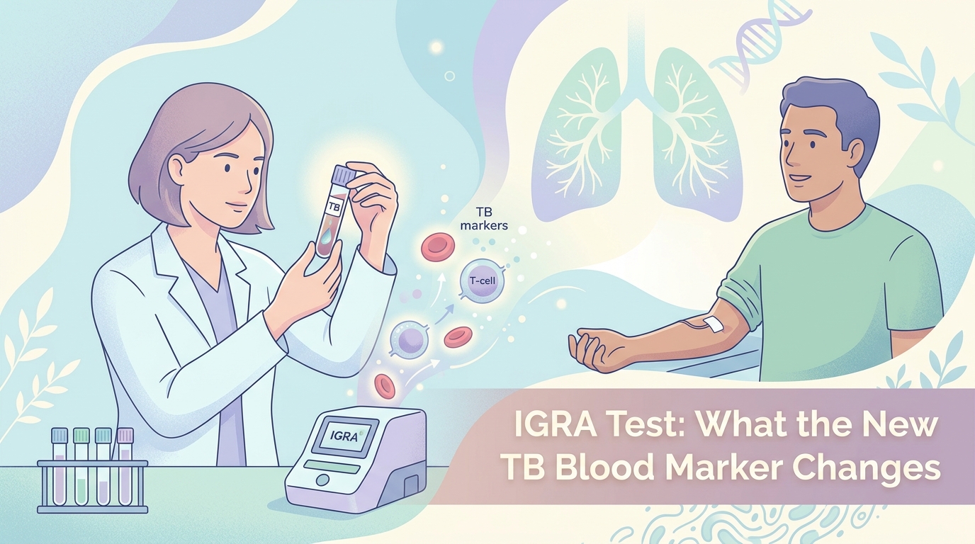 Laboratory technician handling a blood sample tube for an IGRA test used in tuberculosis screening