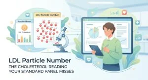 Informe de laboratorio que muestra el resultado del número de partículas LDL junto a los valores habituales de colesterol en un perfil lipídico