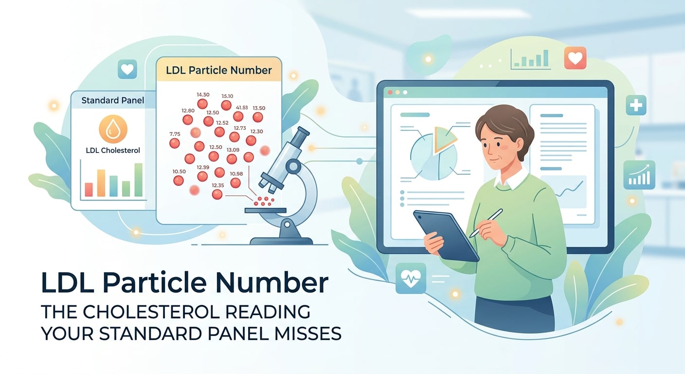 Lab report showing an LDL particle number result next to standard cholesterol values on a lipid panel