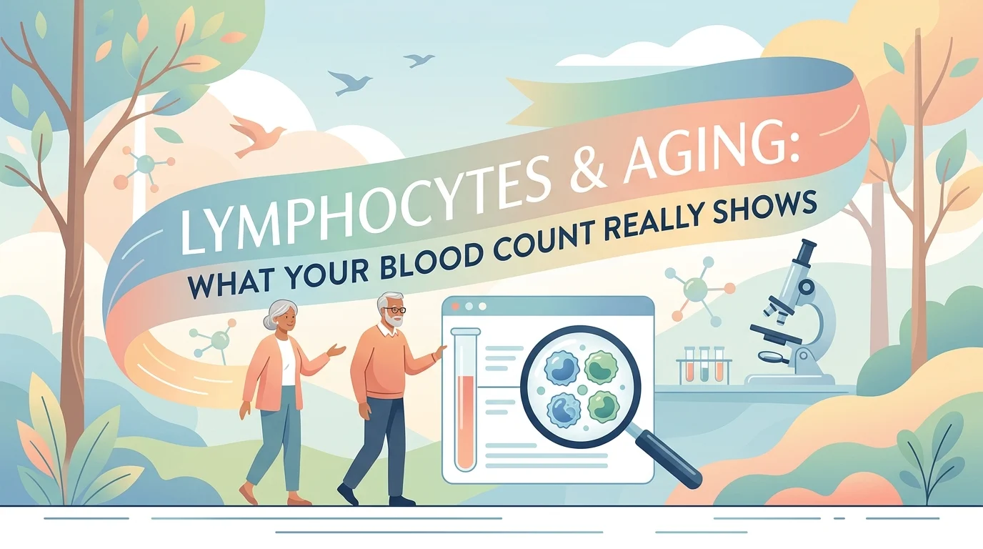 Lymphocytes and aging shown as a blood count report beside T cells circulating in the bloodstream