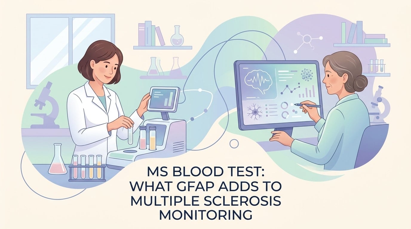 MS blood test tube handled in a laboratory where GFAP and neurofilament levels guide multiple sclerosis follow-up