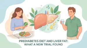 Tubo de muestra de sangre y plato de comida que ilustran cómo una dieta para prediabetes modifica los marcadores hepáticos y de glucosa