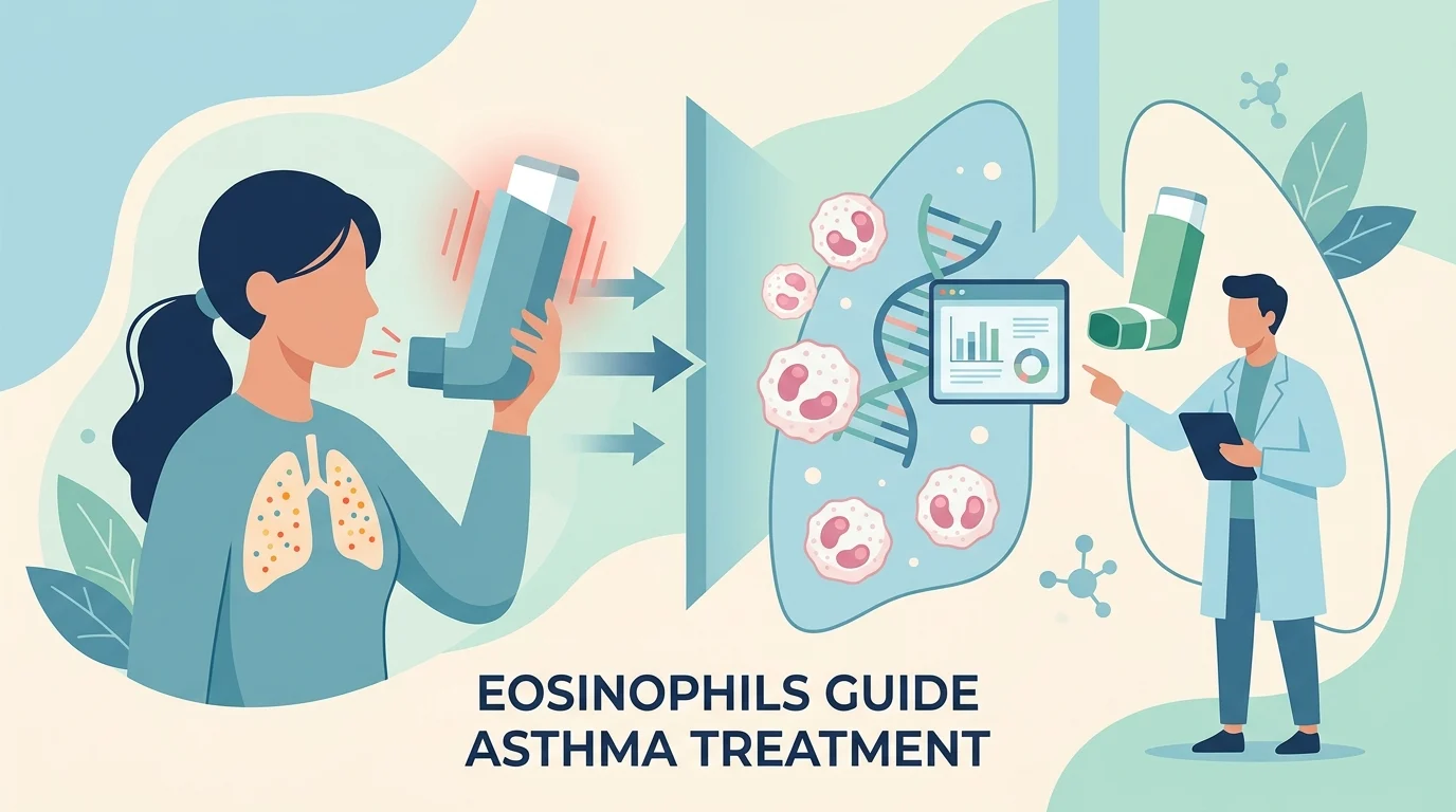 Blood collection tube beside a reliever inhaler, showing how eosinophils guide asthma treatment choices