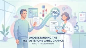 Colheita de sangue matinal para um teste de testosterona com tubo e formulário de requisição laboratorial num tabuleiro de clínica