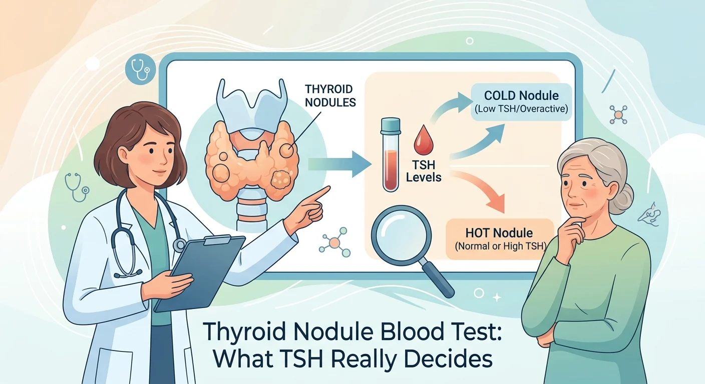 Formulario de solicitud de análisis de sangre para nódulo tiroideo con un resultado de TSH junto a un informe de ecografía cervical