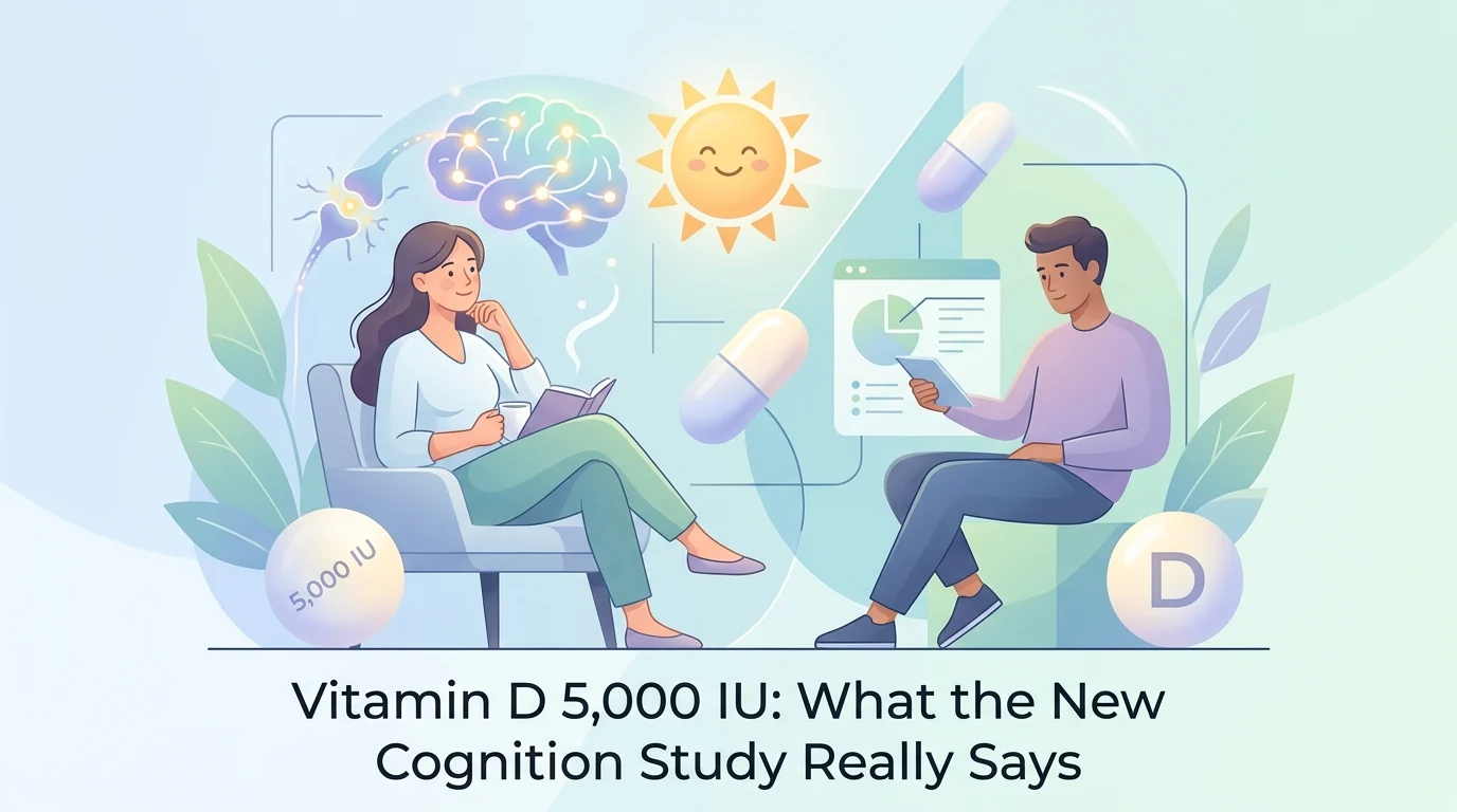 Vitamin D 5,000 IU softgel next to a lab report showing 25-hydroxyvitamin D and calcium results