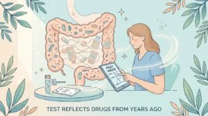 Stool collection tube and pill blister on a laboratory bench illustrating how a gut microbiome test reflects past medicines