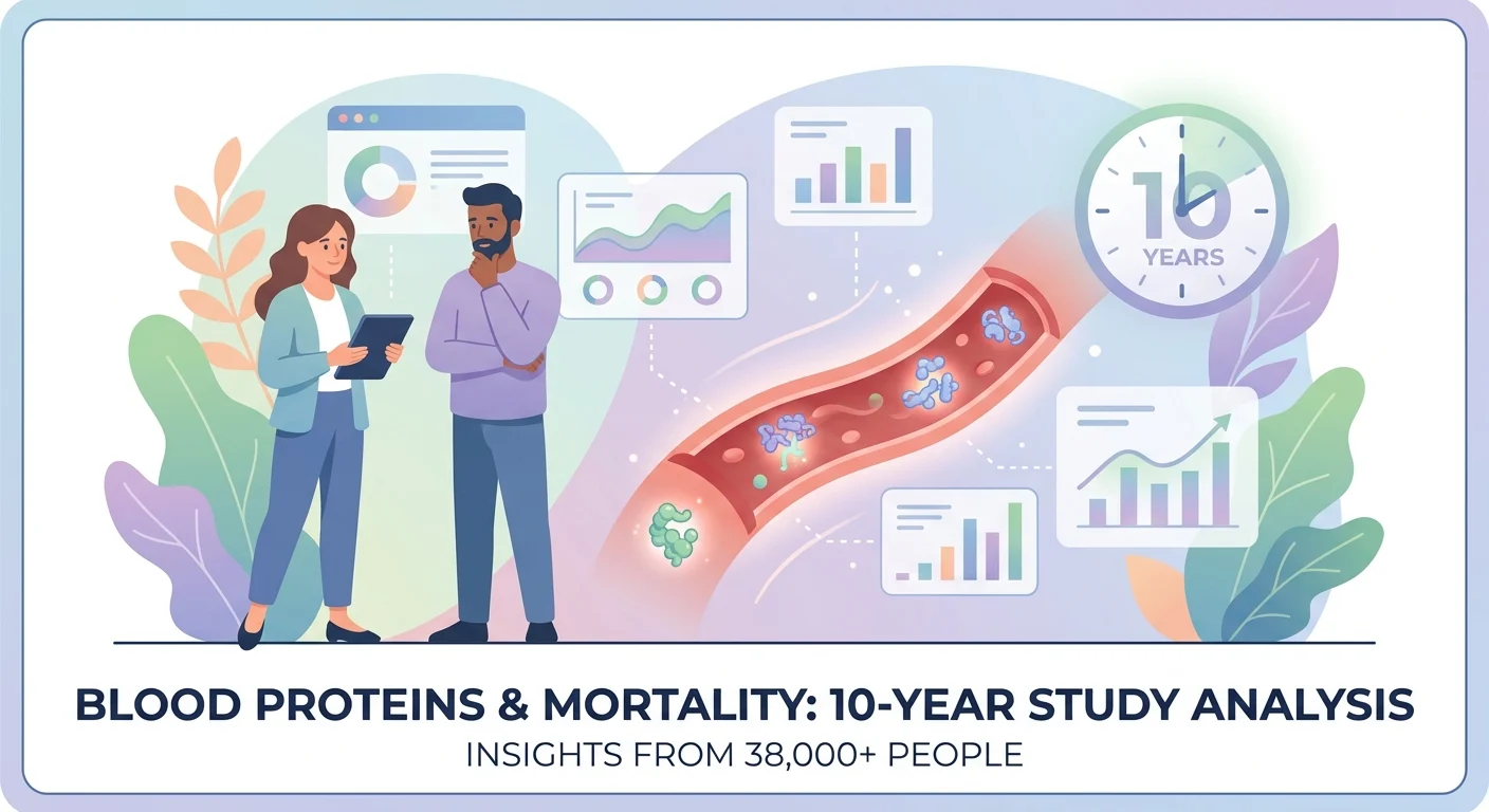 Blood protein mortality risk study concept: blood plasma tubes beside a protein pattern chart