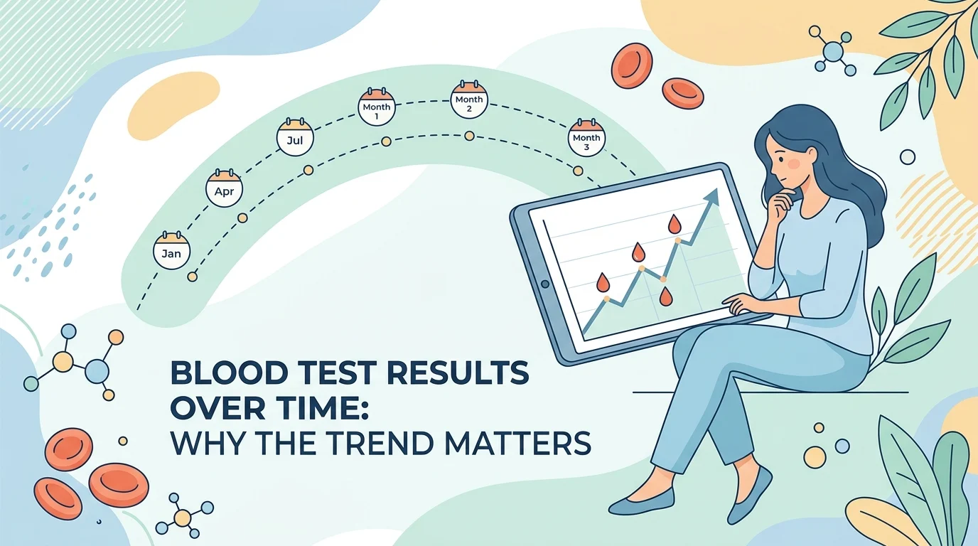 Doctor comparing blood test results over time on a screen showing several past lab reports side by side