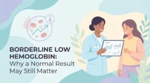 Borderline low haemoglobin shown on a full blood count report next to the WHO anaemia threshold