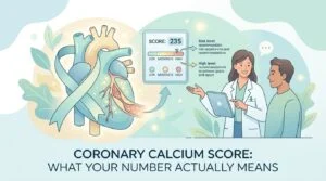 Resultado de la puntuación de calcio coronario en un TAC cardíaco que muestra placa calcificada en las arterias coronarias