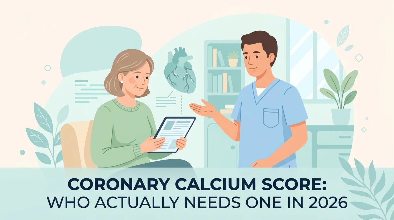Coronary calcium score result reviewed next to a lipid panel report during a heart risk consultation