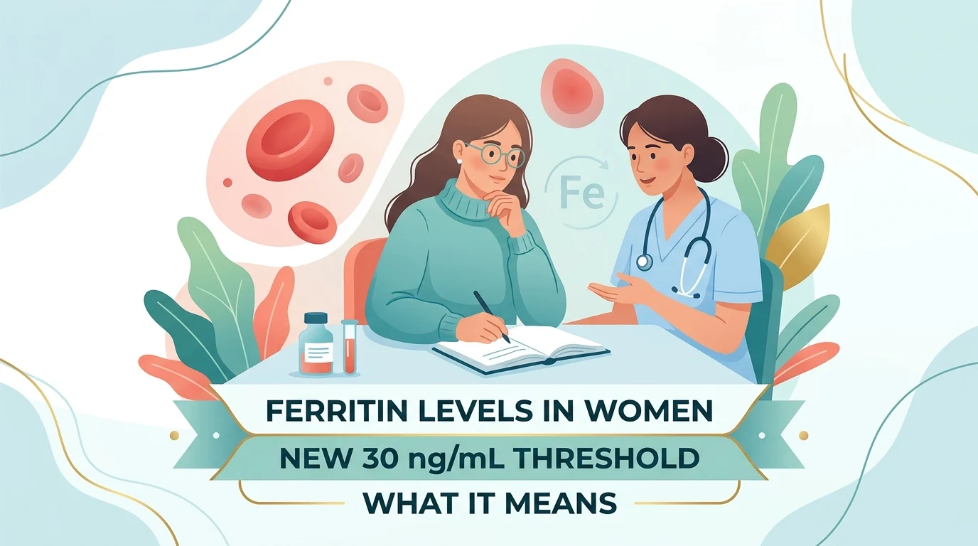 Blood sample tube and lab report highlighting ferritin levels in women under the new iron deficiency thresholds