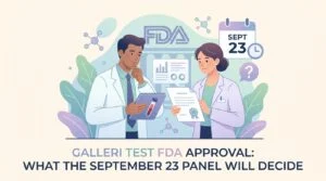 Blodprovsrör och regulatorisk akt som illustrerar FDA:s granskning av Galleri-testet för godkännande inom cancerscreening