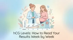 جدول مستويات هرمون hCG حسب الأسبوع معروض بجانب نتيجة تحليل الدم الكمي لبيتا hCG