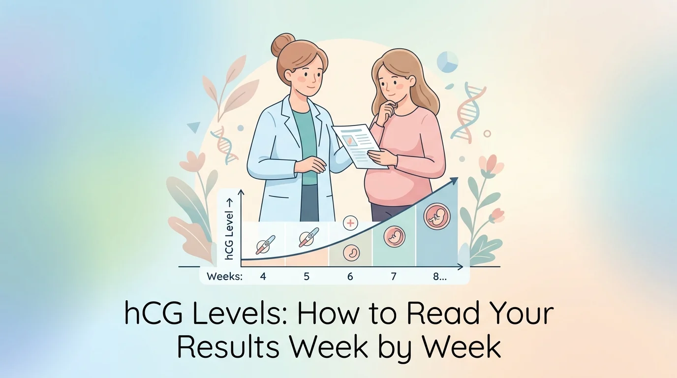 hCG levels by week chart shown beside a quantitative beta hCG blood test result