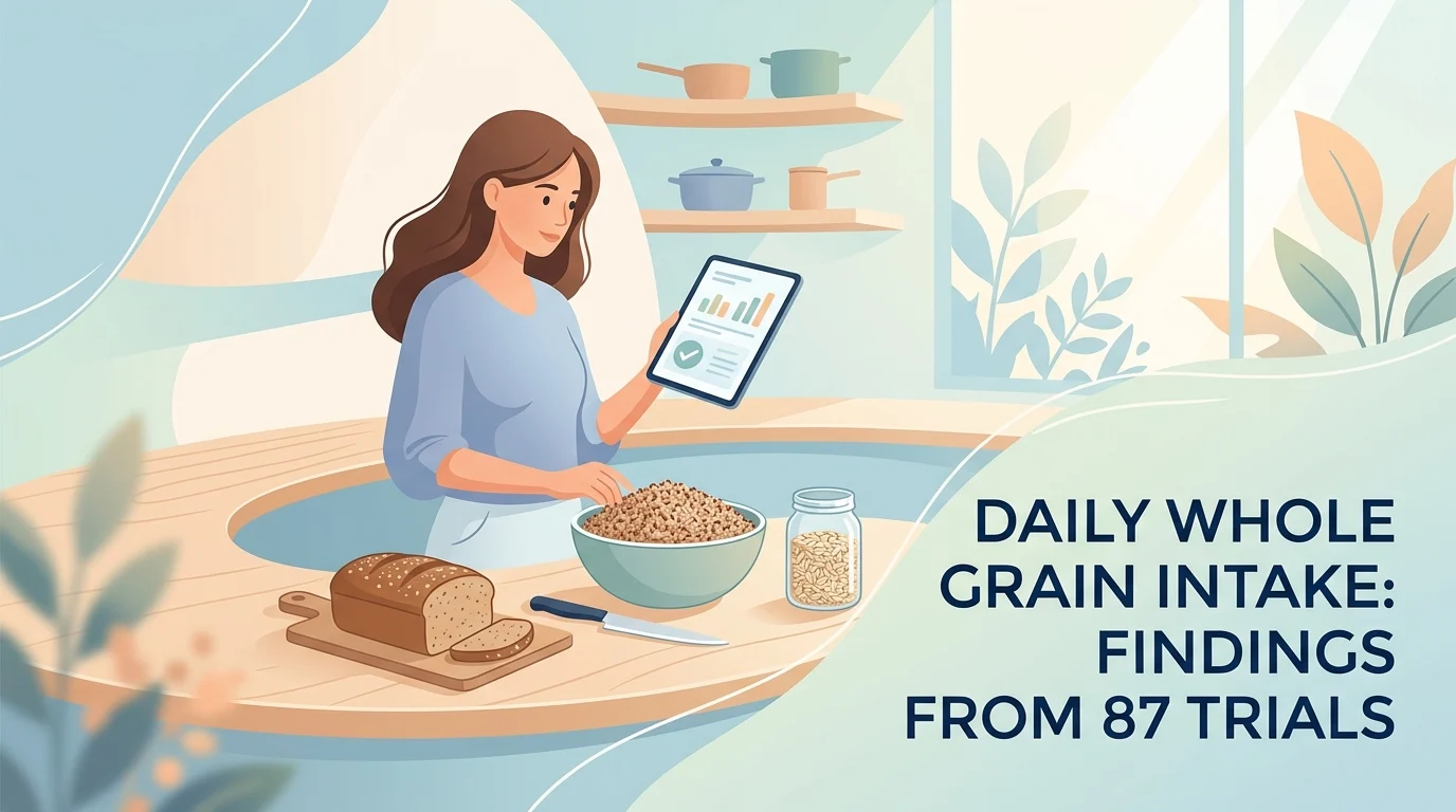 Bowls of oats, barley and brown rice beside a lipid panel report illustrating how much whole grain per day shifts cholesterol