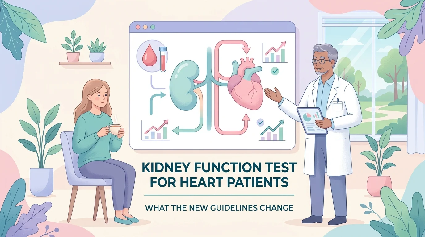 Kidney function test report showing blood creatinine and urine albumin values reviewed after a heart diagnosis