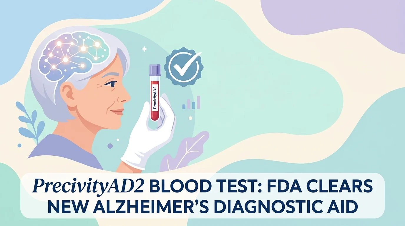 Alzheimer's blood test PrecivityAD2 vial beside a lab report