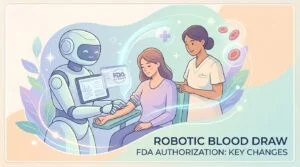 Robotergestütztes Blutabnahmegerät, das eine Nadel in eine Unterarmvene in einem ambulanten Labor führt
