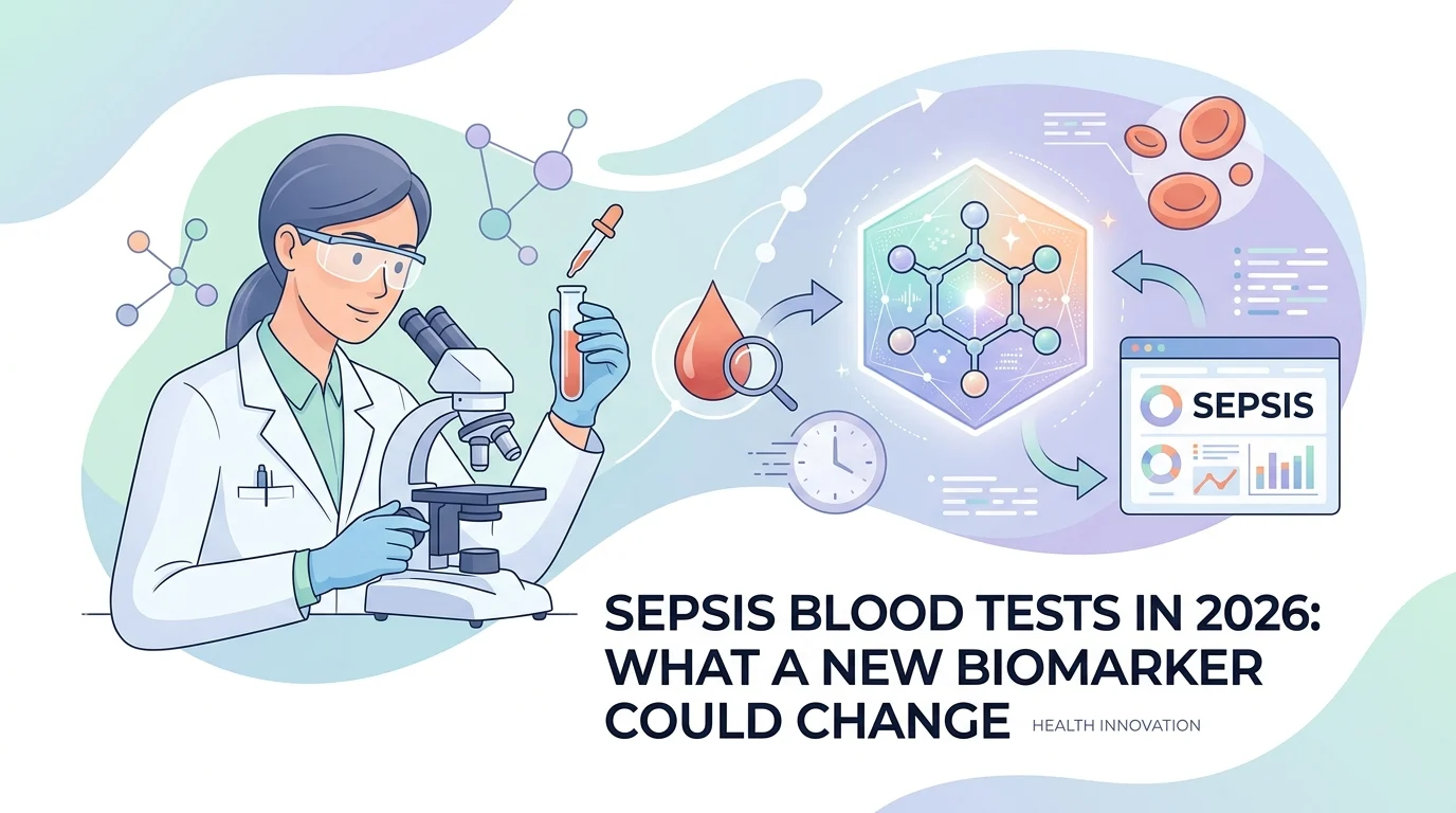 Doctor reviewing a sepsis blood test panel showing procalcitonin and lactate results
