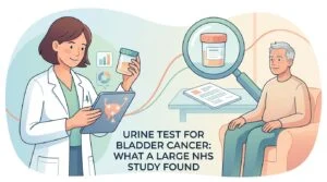 Urinecontainer in een laboratorium voor een urinetest op blaaskanker nadat bloed in de urine was gevonden