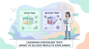 Urine sample cup and lab tubes illustrating a cadmium exposure test for heavy metal screening
