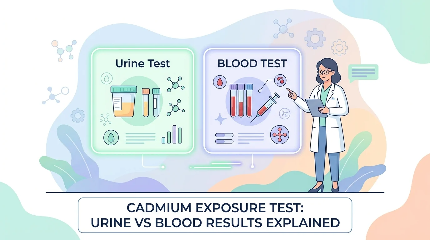 Urine sample cup and lab tubes illustrating a cadmium exposure test for heavy metal screening