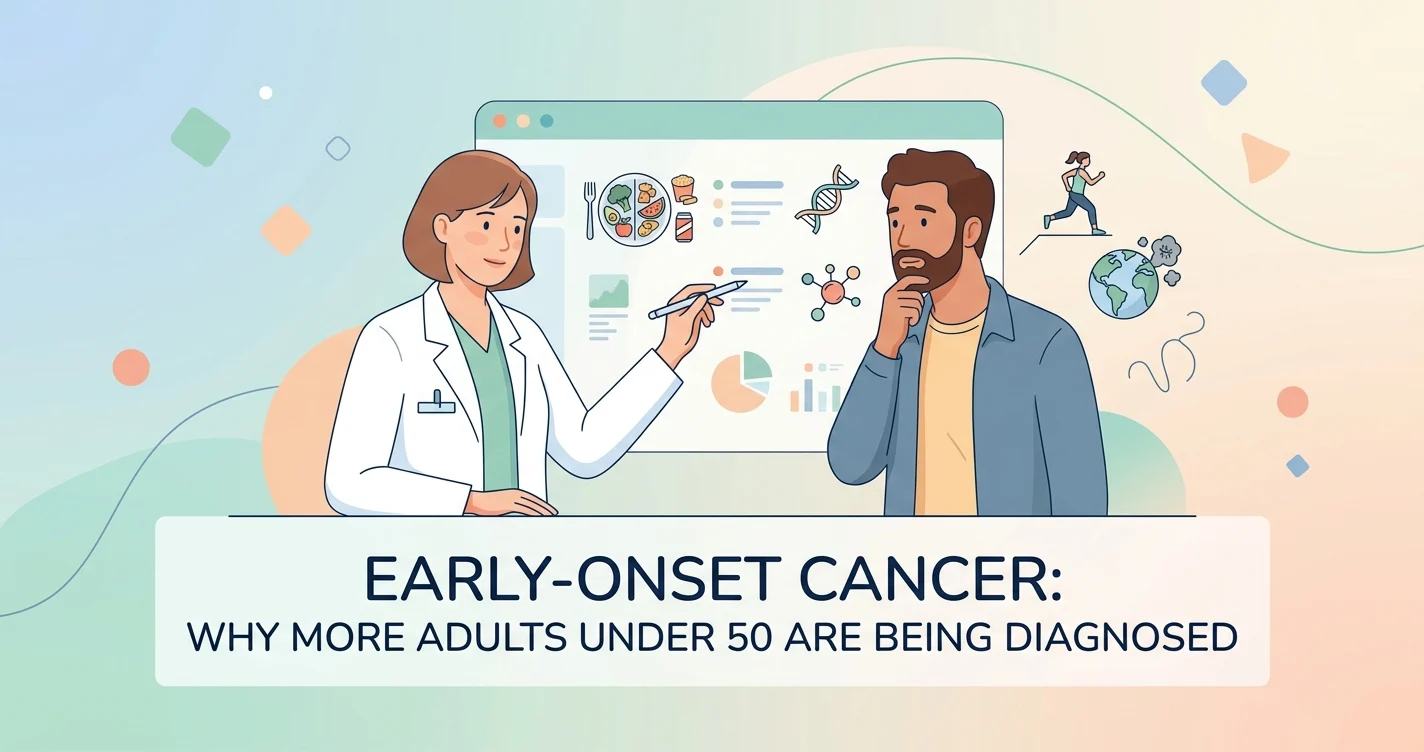 Doctor reviewing blood test results with a young adult to explain early-onset cancer risk and warning signs