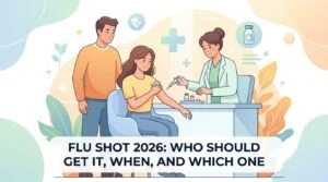 Flu jab 2026 autumn vaccination: a pharmacist prepares a flu vaccine for an older adult in a clinic
