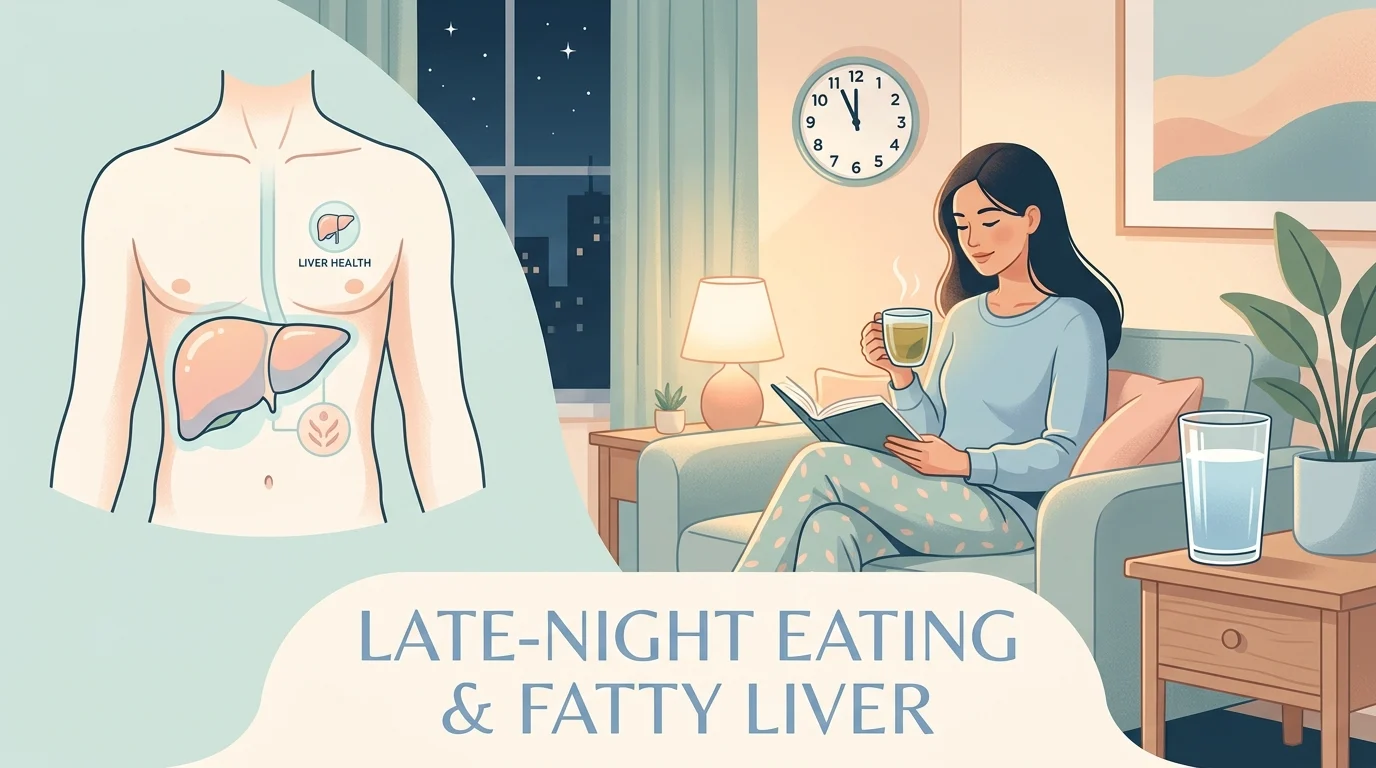 Person eating a late-night snack in a dim kitchen, illustrating late-night eating and fatty liver risk