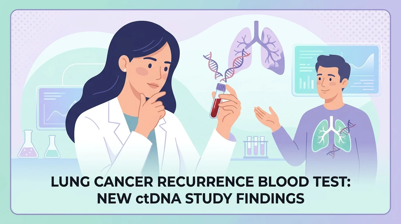 Lung cancer recurrence blood test tube holding a ctDNA sample beside a chest CT scan on a clinic desk