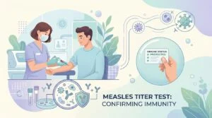 Blood sample tube and vaccination card illustrating a measles titer test to check immunity