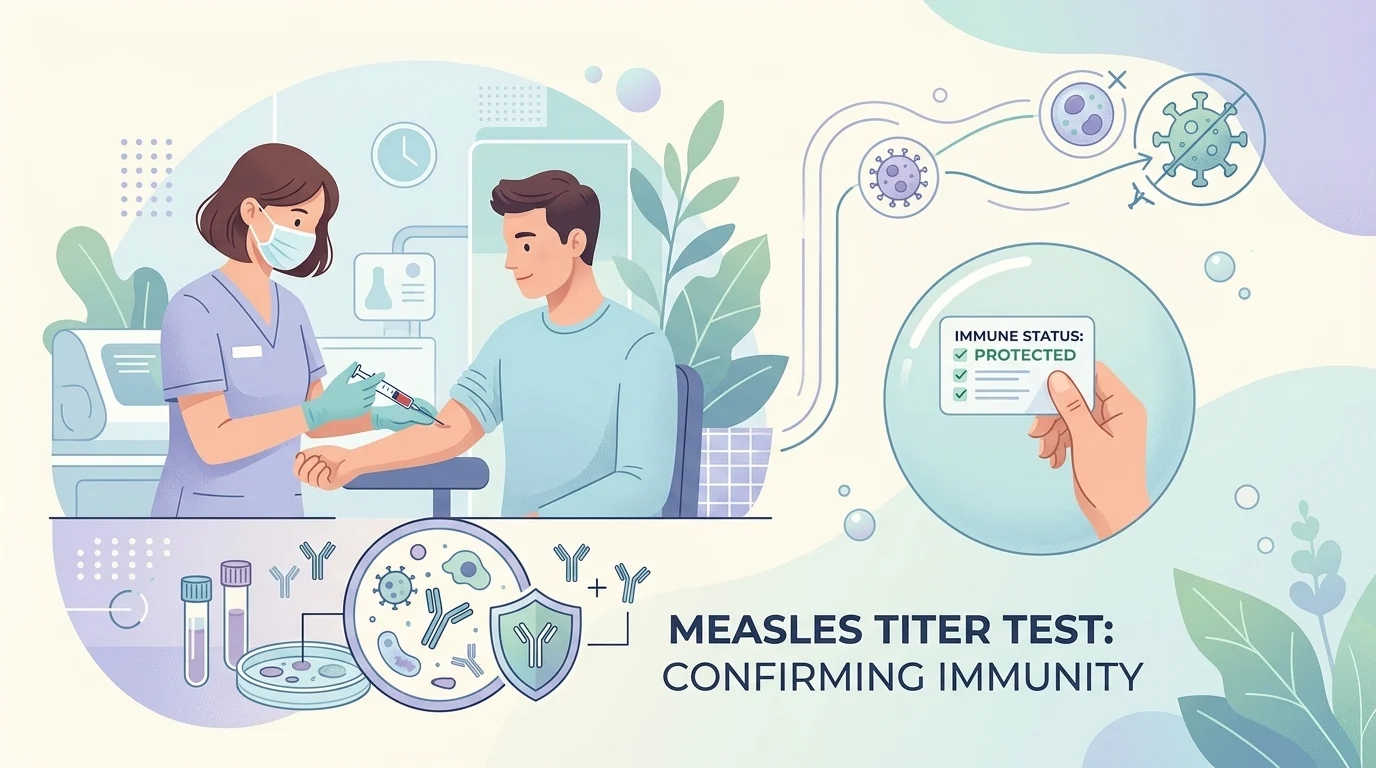 Blood sample tube and vaccination card illustrating a measles titer test to check immunity