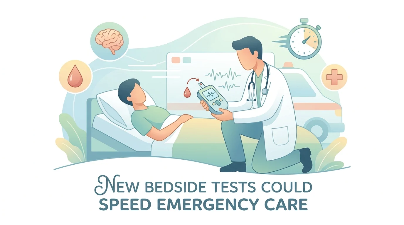 Stroke blood test: a blood sample tube beside a portable bedside analyzer used in emergency stroke care