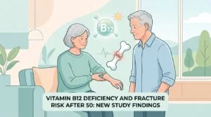Blood sample tubes and a bone scan illustrating vitamin B12 deficiency and fracture risk after age 50