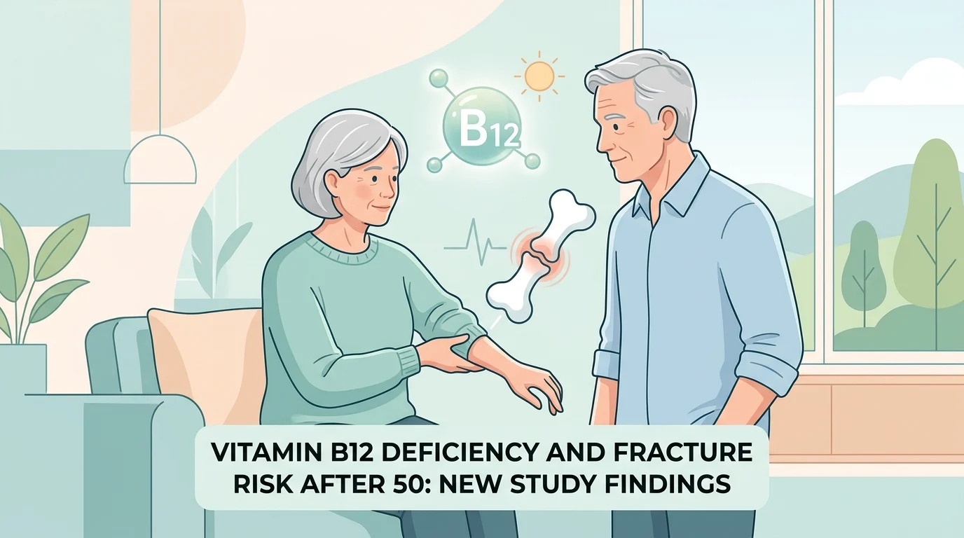 Blood sample tubes and a bone scan illustrating vitamin B12 deficiency and fracture risk after age 50