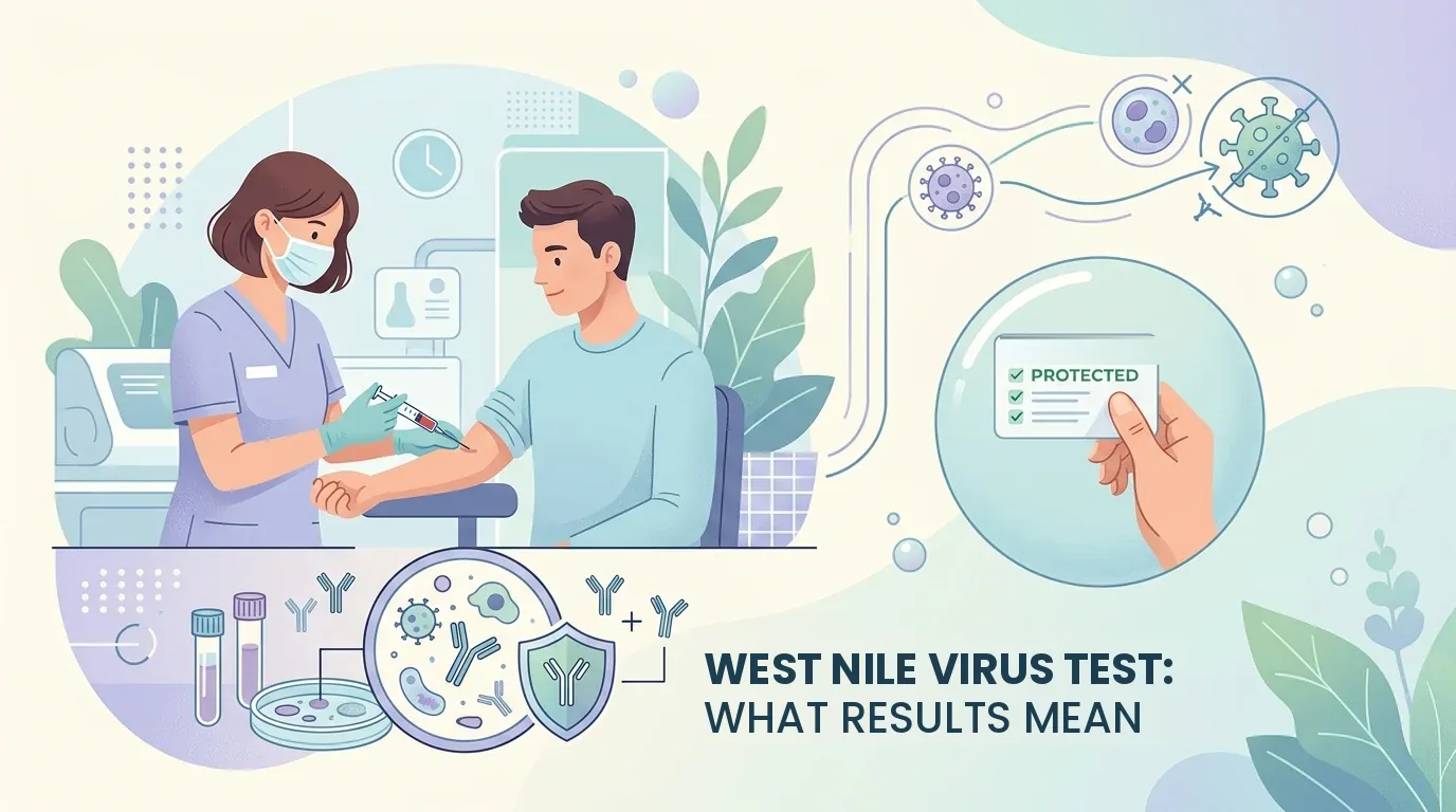 Test per il virus del Nilo occidentale con un'infermiera che preleva sangue e anticorpi illustrati intorno a un campione